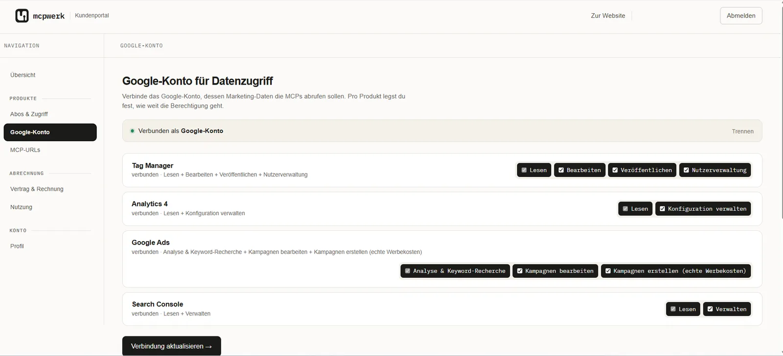 Kundenportal von mcpwerk mit den vier Berechtigungsstufen des Tag-Manager-MCP: Lesen, Bearbeiten, Veröffentlichen und Nutzerverwaltung
