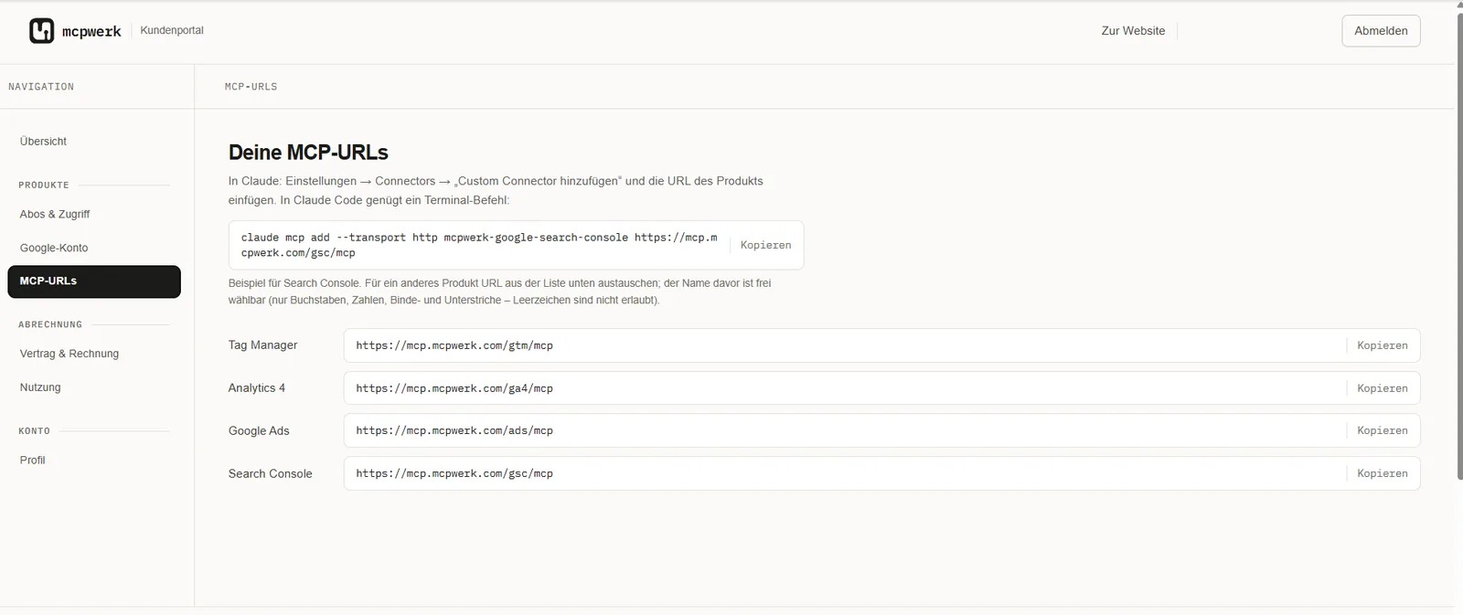 Übersicht der MCP-URLs im Kundenportal mit der Adresse für den Google Tag Manager