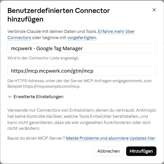 Dialog von Claude zum Hinzufügen eines benutzerdefinierten Connectors mit Namensfeld und eingetragener MCP-URL