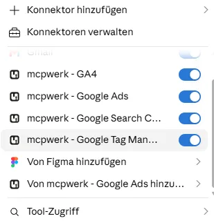 Konnektoren-Menü im Chatfenster von Claude mit aktiviertem Schalter für den Tag Manager