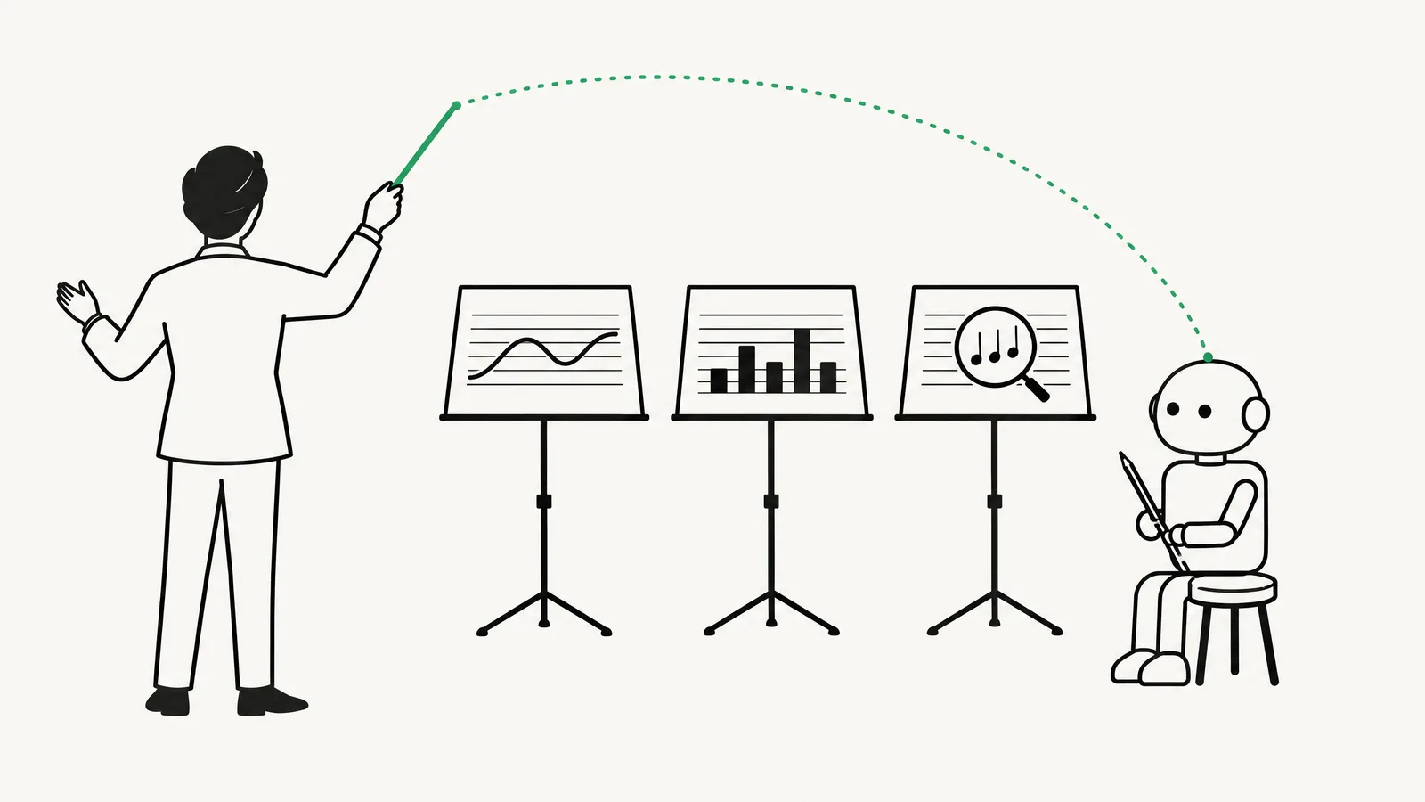 Illustration: Ein Dirigent gibt mit grünem Taktstock einem kleinen Roboter den Einsatz, der vor drei Notenständern mit Diagrammen sitzt